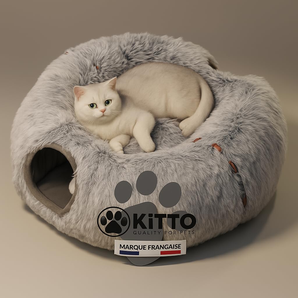 Kitto - Tunnel pour Chat - Panier Moelleux avec Coussin lit - Tunel Cat Jeu - Cabane, Niche - Tunnelle modulable - Rond -Convient pour Chat XXL, Petit Chien, Lapin, Furet - 12 Attaches en Bois
