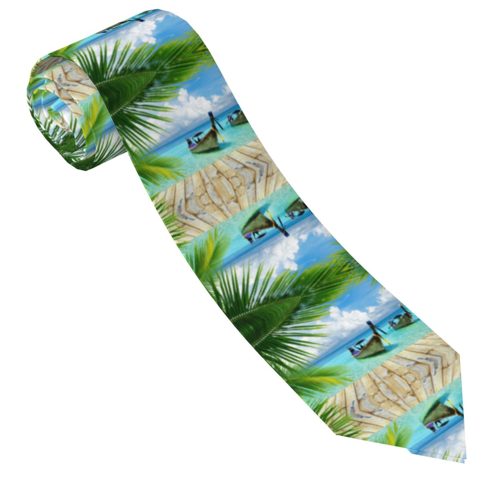 Esnaiuvcd Men's Black Seaside Boat Coconut Leaves Print Tie Novelty Printed Necktie Formal Party Wedding Gift Ties For