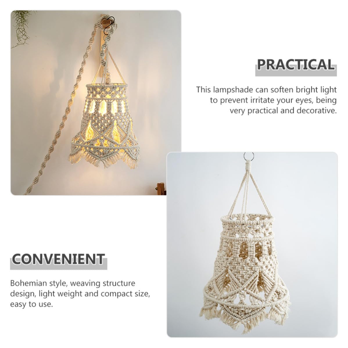 Paralume Boho in Corda di Cotone Beige per Lampada a Sospensione | Struttura Intrecciata in Ferro, Peso Leggero e Resistente, per Soggiorno e Ristorante