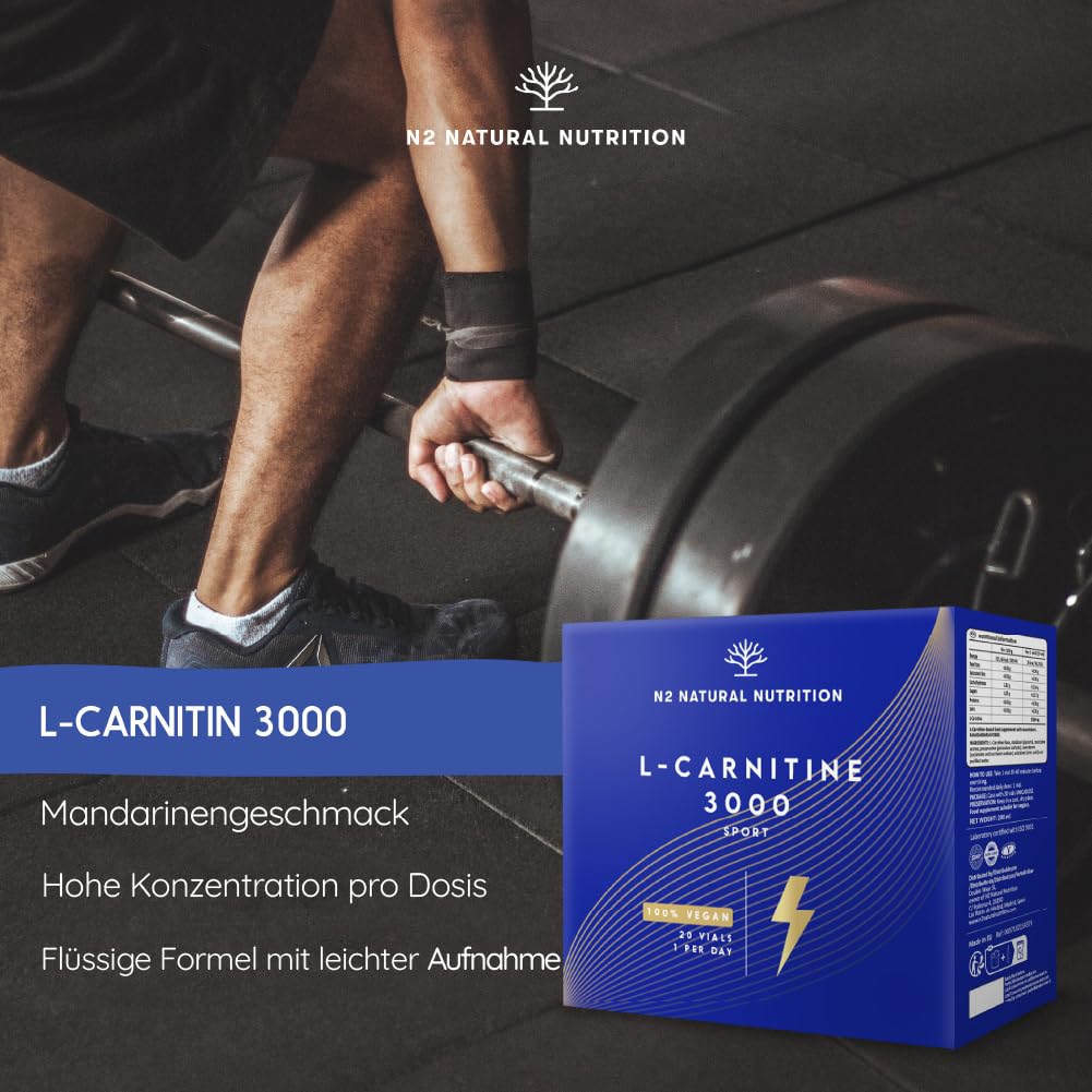 L-Carnitin 3000 Reines, 40 Ampullen, Pre-Workout Booster, Vegan, N2 Natural Nutrition