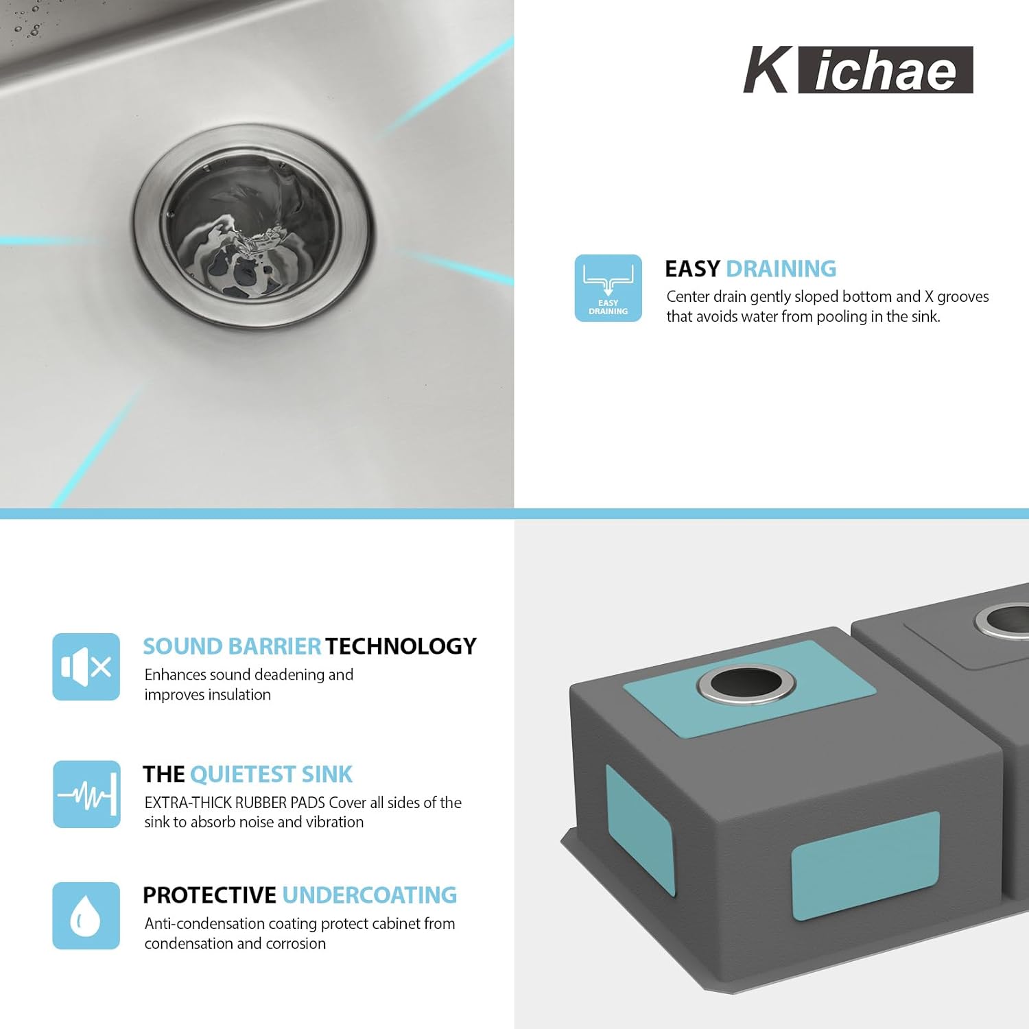 Kichae 33 Inch Undermount Kitchen Sink Double Bowl 50/50 Stainless Steel 18 Gauge Under Counter Kitchen Sink Handmade Basin with Drain Strainer