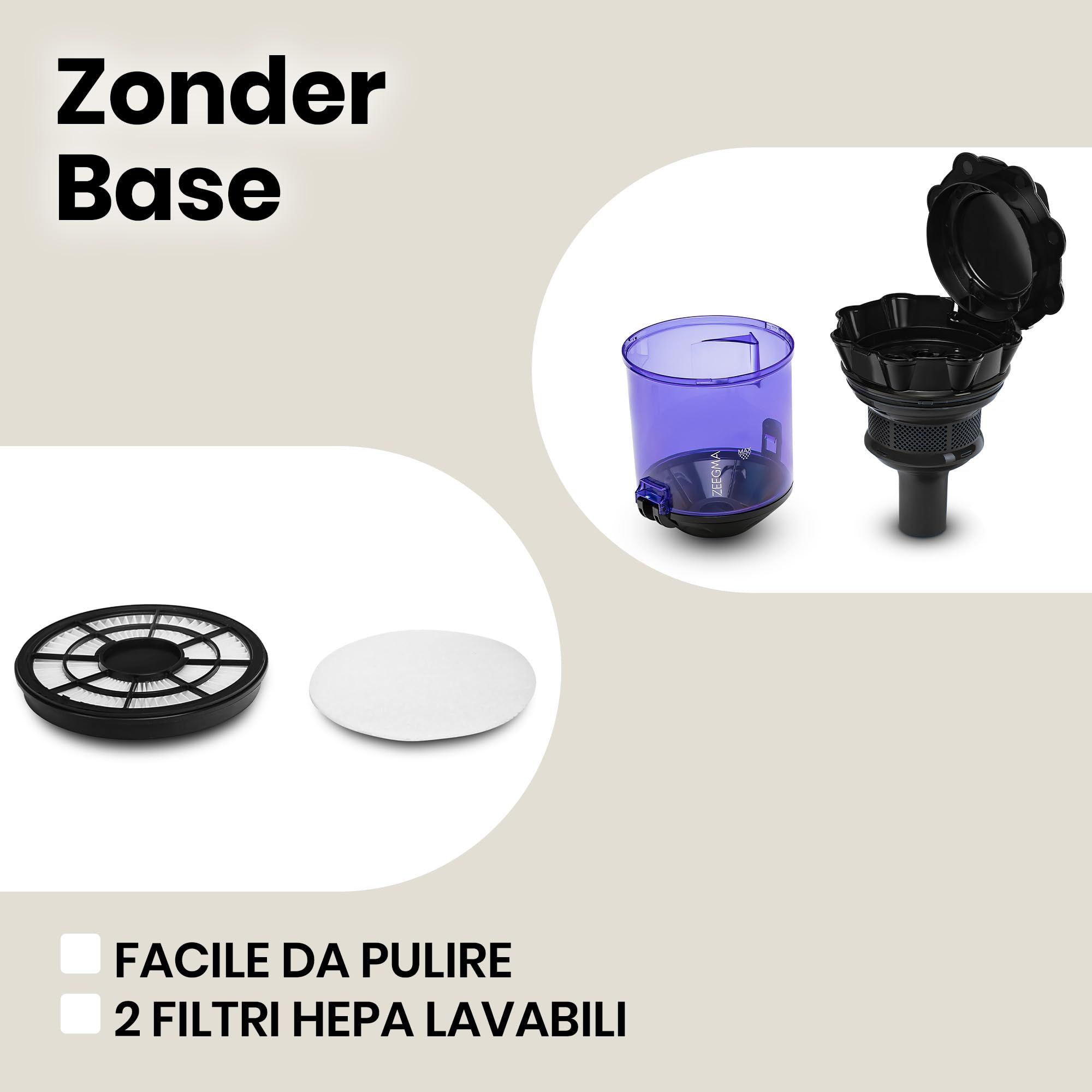 ZEEGMA Zonder Base Aspirapolvere ciclonico Senza sacco, Alta potenza di aspirante 899W, Anti allergeni, 2 Filtri HEPA rimovibile e lavabile, Ricco set di Accesori, Container 2.5L, Classe Energetica A
