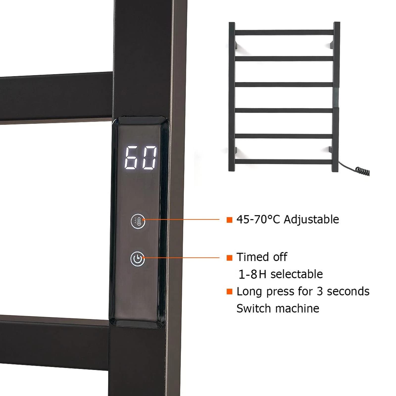 Towel Warmer/Bathroom Towel Warmer Wall Mounted 6 Bar Electric Heated Towel Rack Rail with Temperature & Time Control, 304 Stainless Steel Heater Towel Dryer Energy-Saving 80W (Black Plug In)