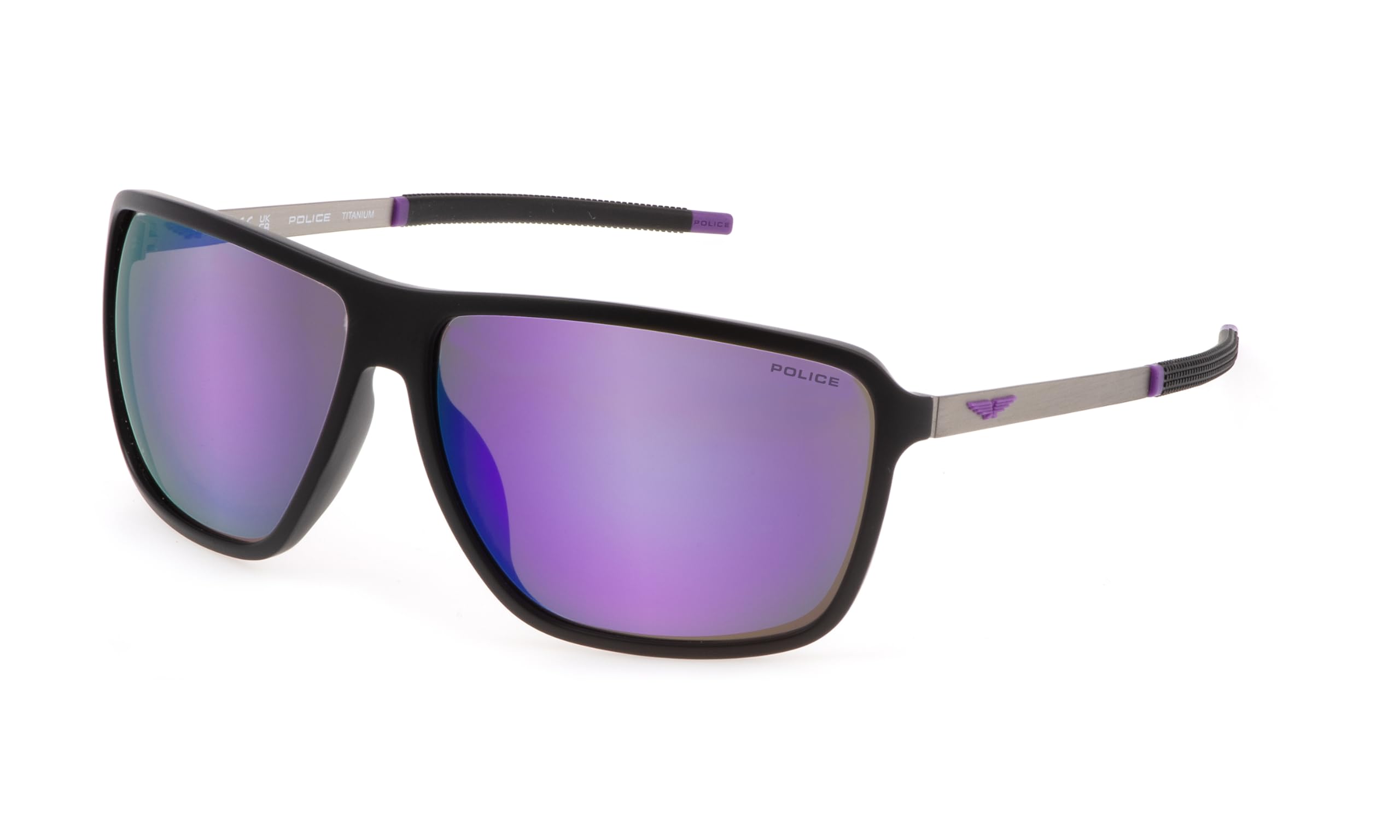 Police Solstice 4 SPLL15 Sunglasses - Square Matte Black Frame - Brown Mirror Violet Lenses - Male