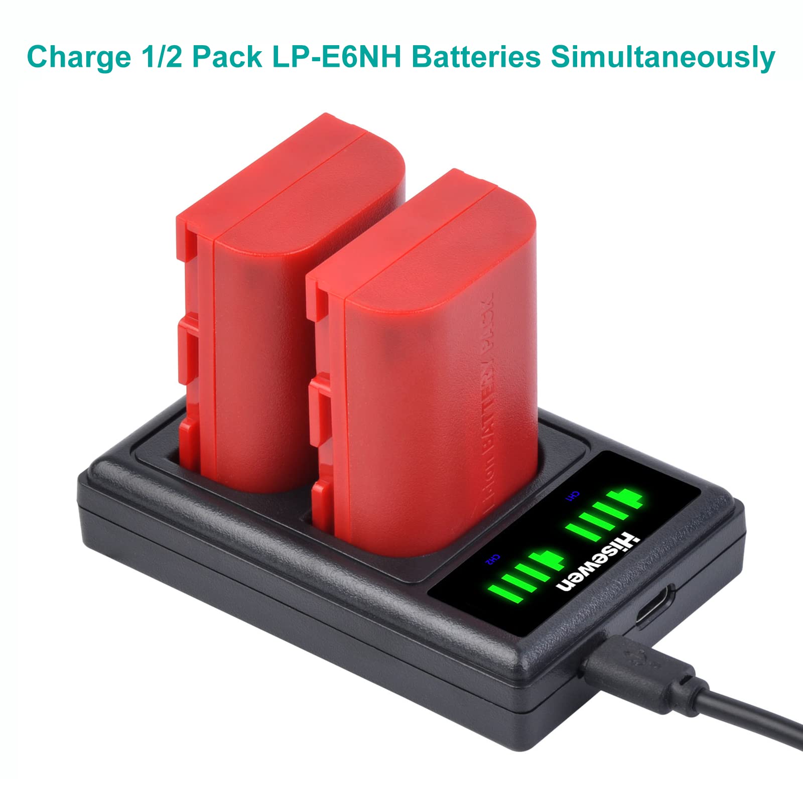 Kit Hisewen Batteria LP-E6NH 2080mAh + Caricabatterie USB Doppio Per Canon 5D, R5, R6, R7, 70D E BMPCC 4K - 2