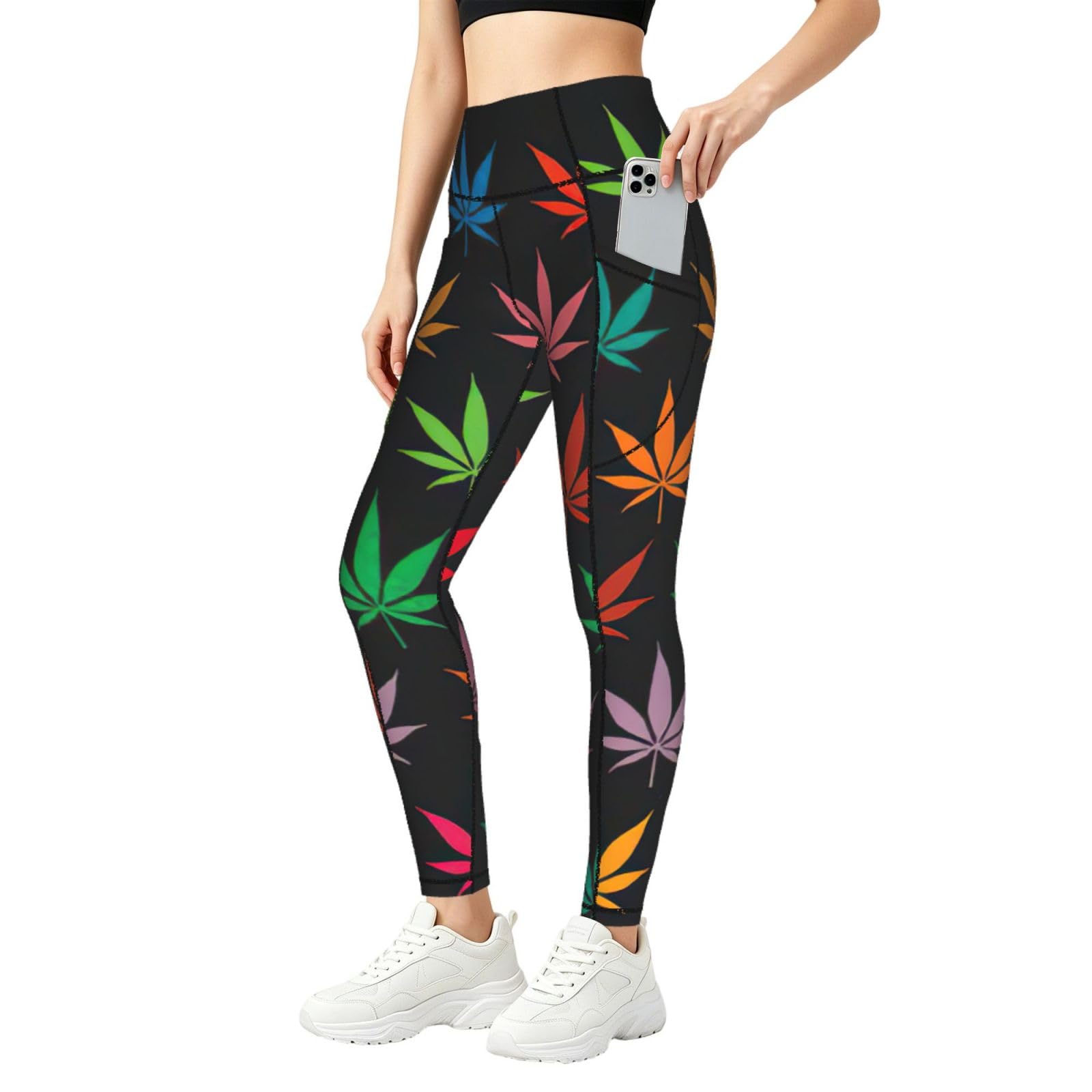 Yyoretp Colorful Cannabis Leaves Print Gym Leggings with Pockets Yoga Pants for Women High Waisted Sports Running Tights Black