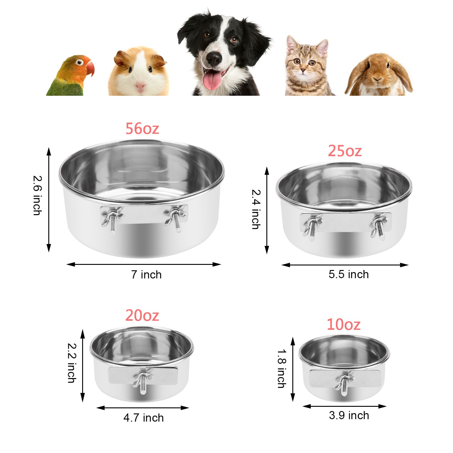 Pet Food Water Bowl with Clamp Holder Stainless Steel Coop Cup Hanging Feeder for Dog Bird Parrot Cat Rabbit (M) - image 5