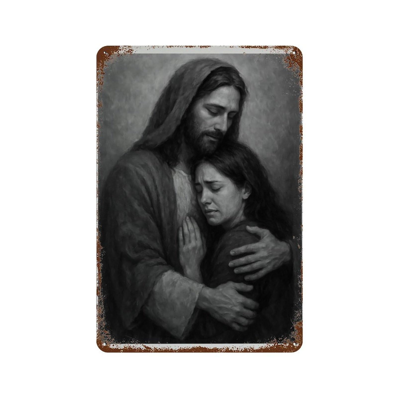 xiaoxiaoshen Jesus Christ Hugging Woman ， Black And White Catholic Wall Decor Art Metal Tin Poster Modern Home Decor Art Home Bar Shop Decorations Vintage Sign 30x20cm