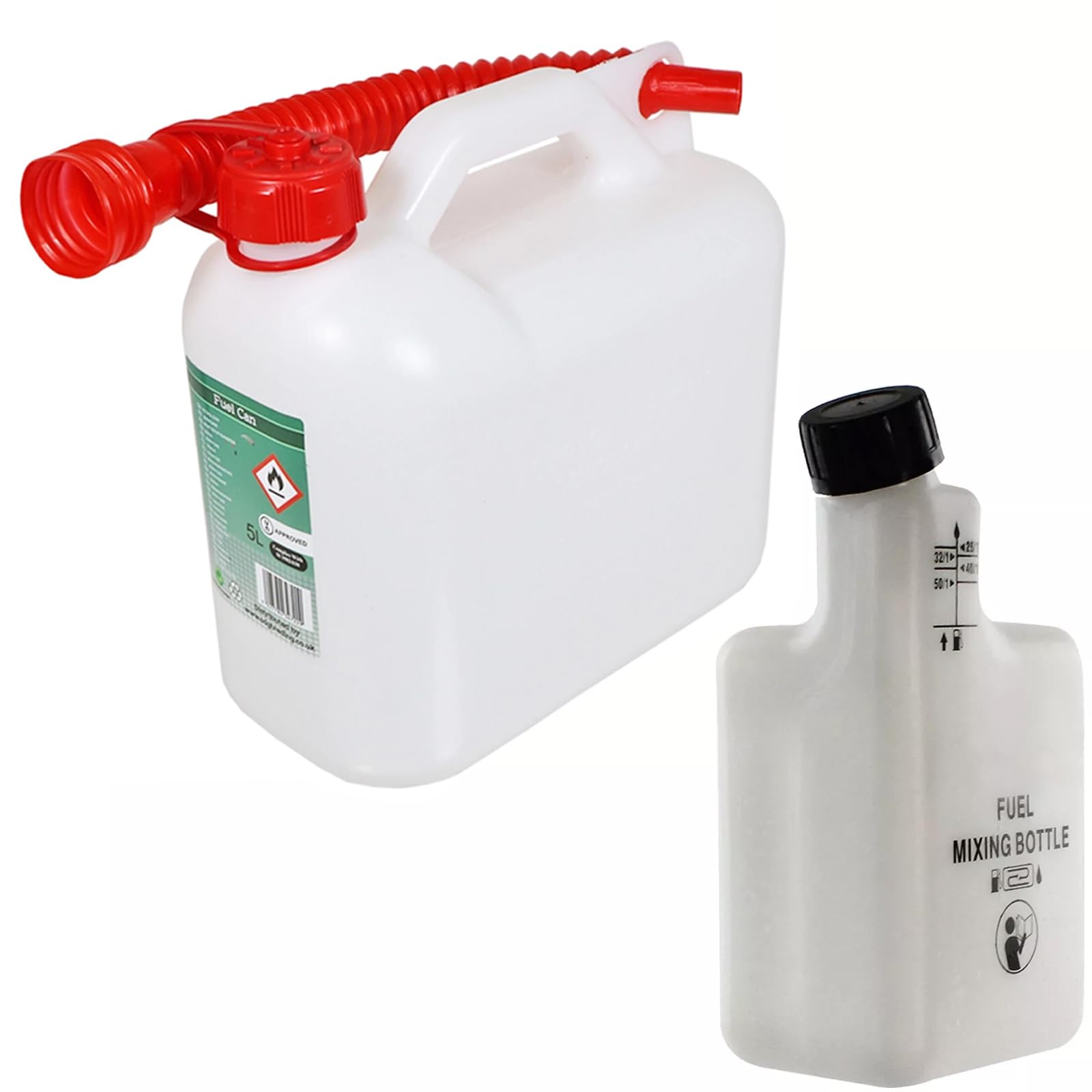 SPARES2GO Fuel Can 5L Petrol Diesel Jerry Canister with Flexible Spout + Mixing Bottle