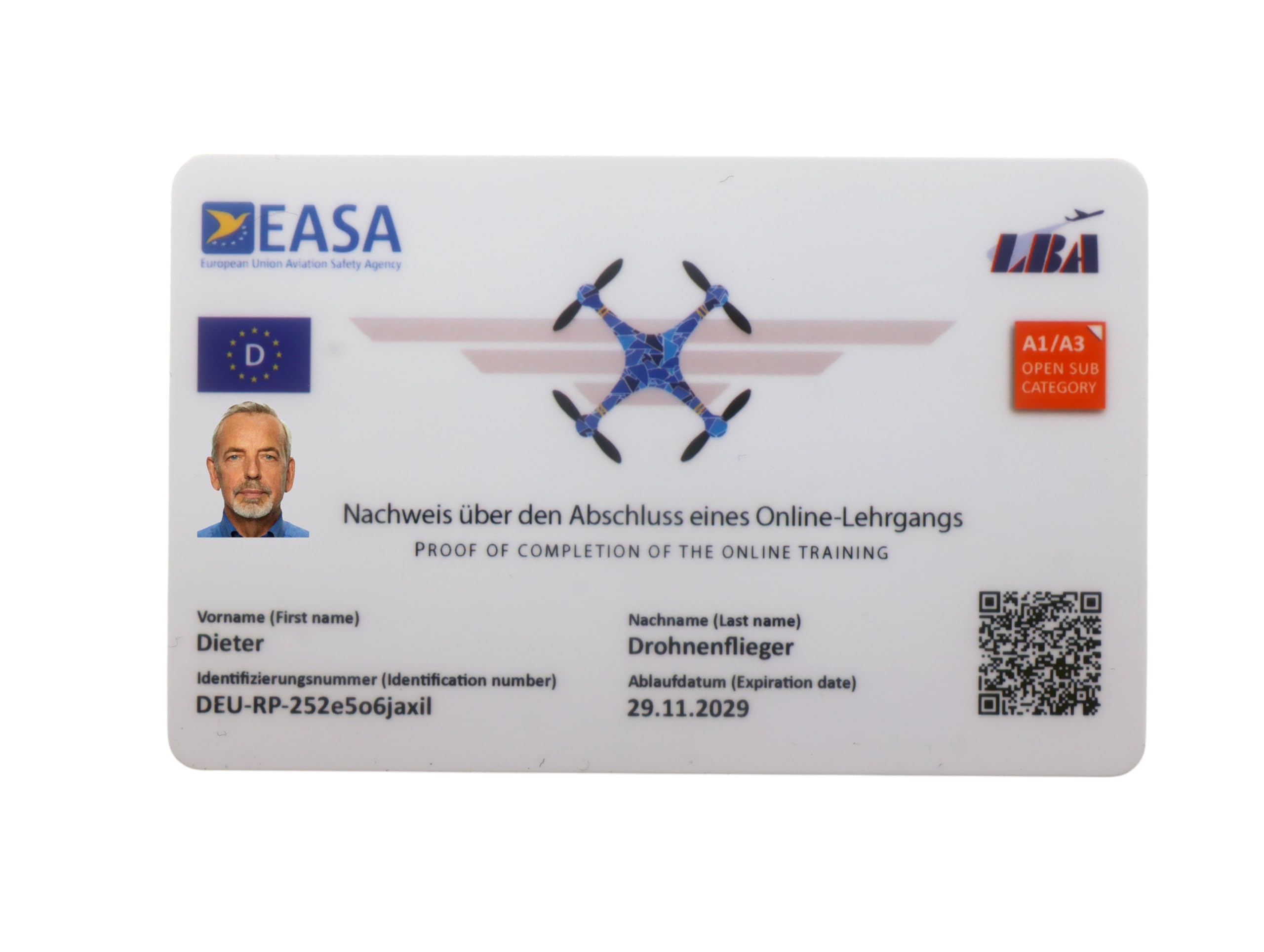 Patente per droni con codice QR ID foto certificato competenza licenza A1-A3 A2 STS carta di plastica custodia carte EASA