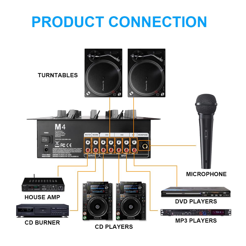 M4 4-Kanal DJ Mischpult (Schwarz), Audio Mixer mit Bluetooth & USB, Crossfader, 3-Band EQ, Gain-Regler & Cue-Monitor-Funktion - Professionelles Soundboard für Party, Club, Karaoke