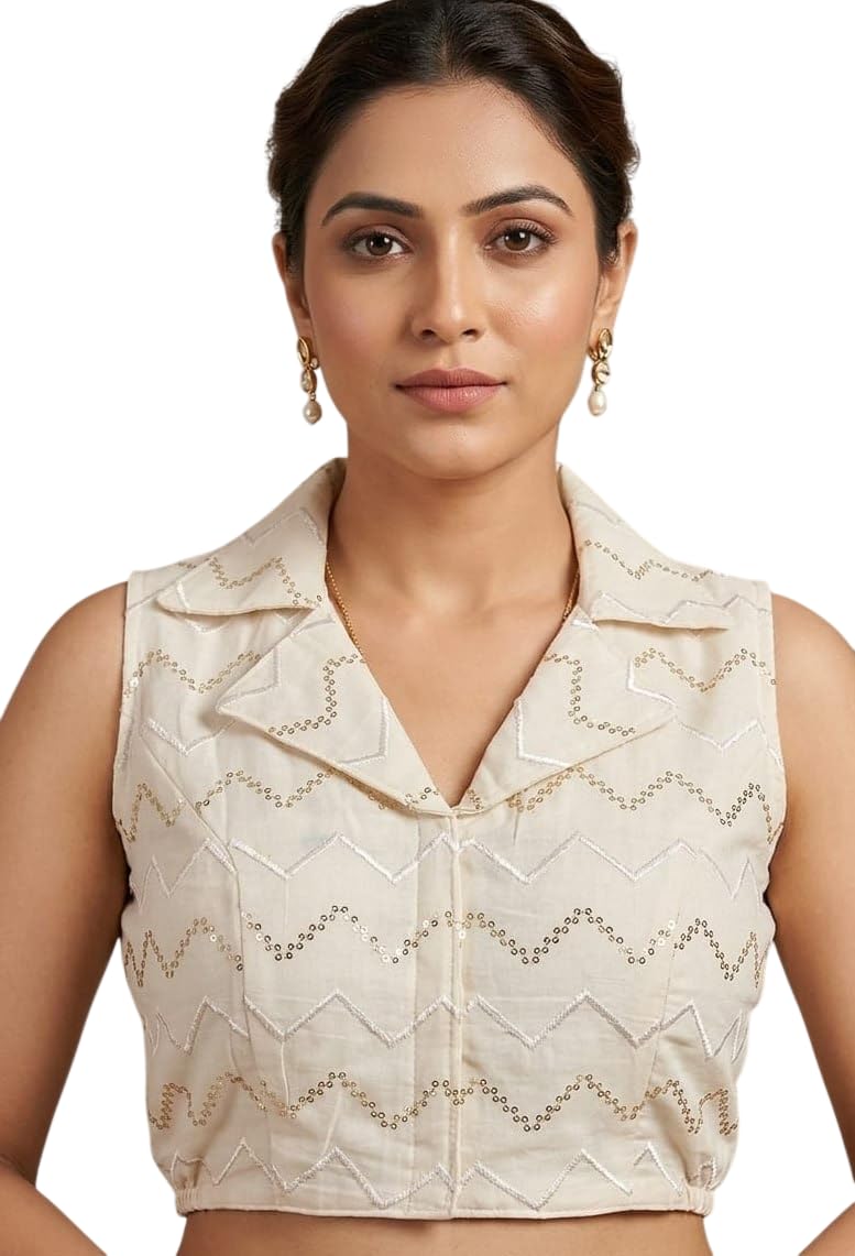 Women Stretchable Cotton Blouse Off White Collar Neck Padded Blouse Readymade Cambric Cotton Embroidered Designer Saree Blouse 38 Size (Alterable 36-40)-image-12