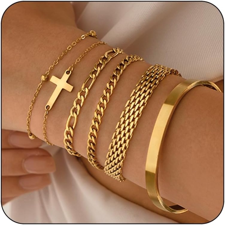 Gold Bracelets for Women Dainty Non Tarnish Link Chain Bracelets Set for Women Trendy Adjustable Chunky Thin Bracelets Stack Layered With Cuff Beaded Cuban Rope CZ Heart Cross Jewelry Gifts