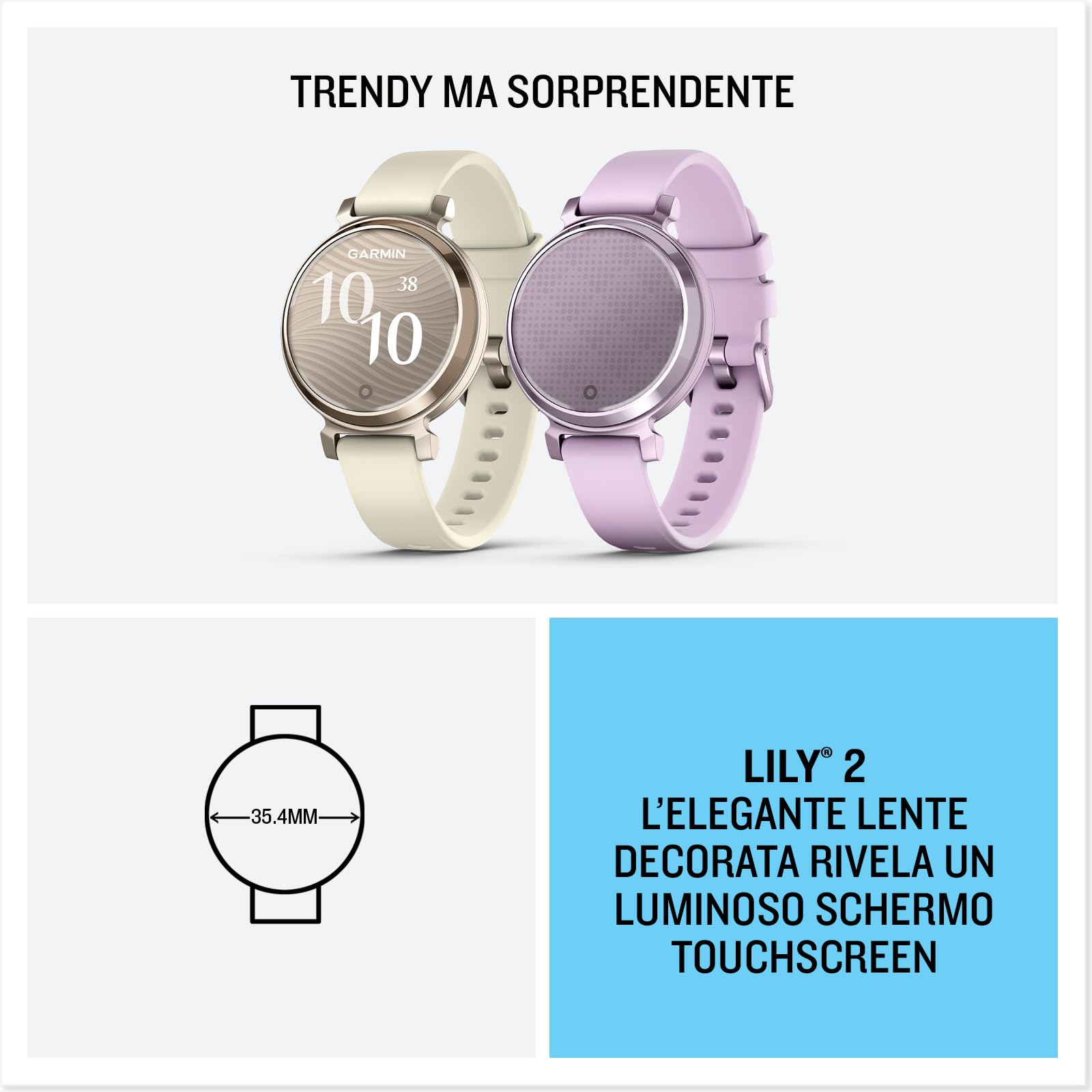 Garmin Lily 2, Smartwatch Elegante e Compatto, 35 mm, Cassa in Metallo, Touchscreen, GPS Connesso, Activity Tracker, Cardio, PulseOx, App Fitness e Sport, Metallic Lilac (Ricondizionato)