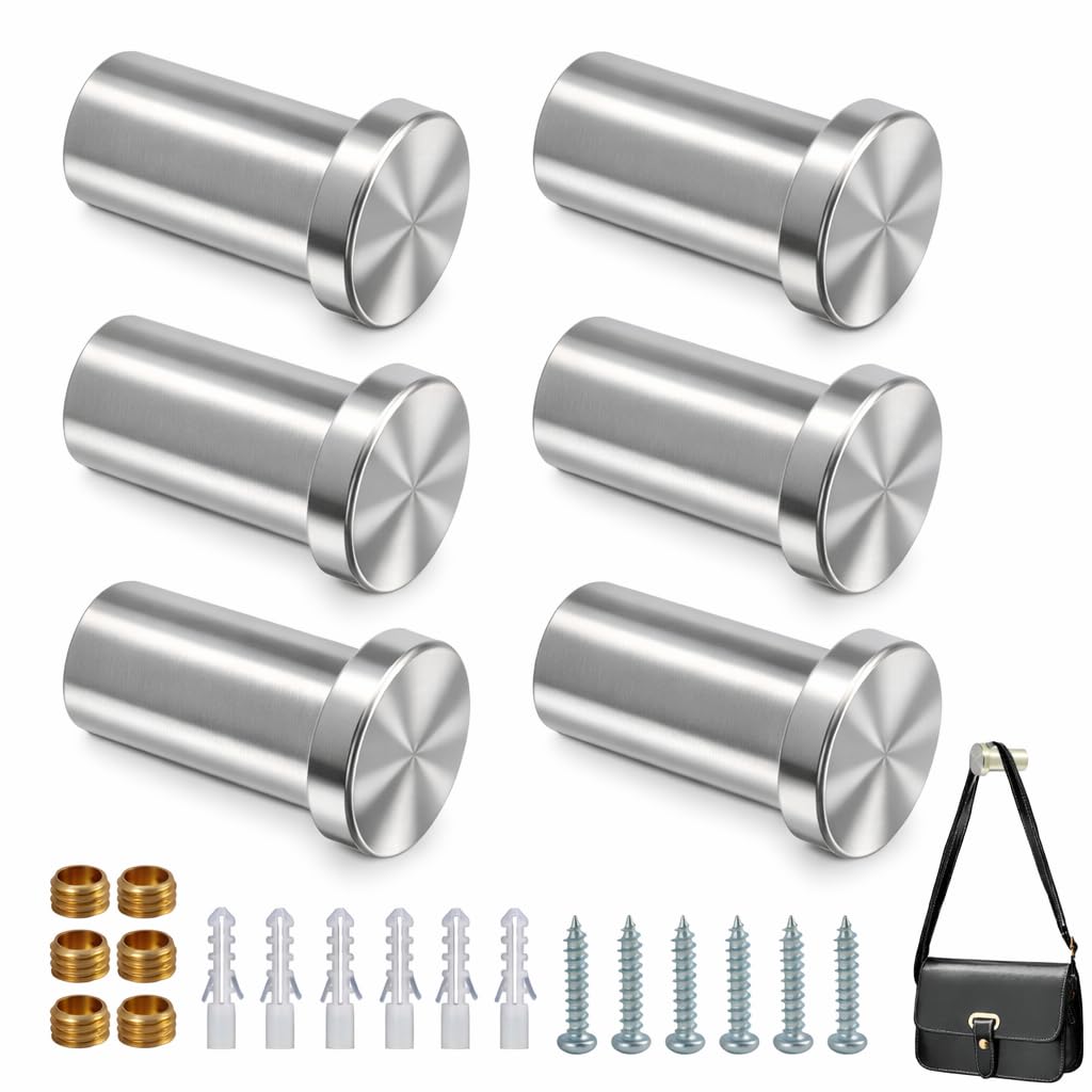6 PCS Coat Hooks Wall Mounted Stainless Steel Hooks, Silver Coat Hooks for Wall Mounting, Heavy Duty Robe Hook and Towel Hooks for Bathroom Kitchen Bedroom Organisation Heavy Duty Coat Hooks