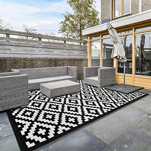 Green Decore Reversible Nirvana Outdoor Rug, Waterproof, Fade Resistant, Modern Large Floor Mats for Patios,Decks, Garden and Outdoors, Beach, Camping, Picnic - (Black/White, 9 X 18 ft)
