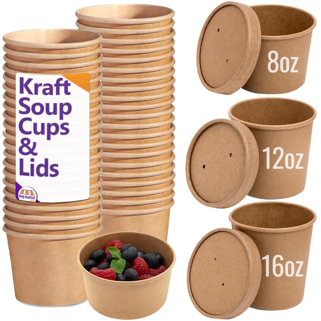 Brown Bag Market | 50 X Biodegradable Kraft Soup Containers With Lids | Ice Cream, Pots, Tubs, Takeaway (16Oz / 453Ml)