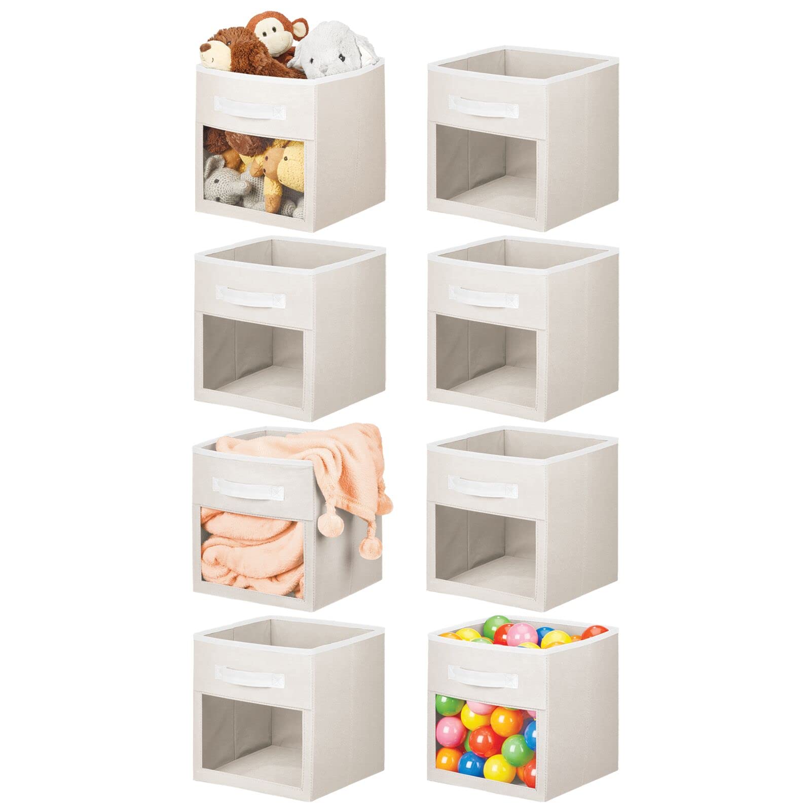 mDesign Fabric Nursery/Playroom Closet Storage Organizer Bin Box with Front Handle/Window for Cube Furniture Shelving Units, Hold Toys, Clothes, Diapers, Bibs, Jane Collection, 8 Pack - Cream/White