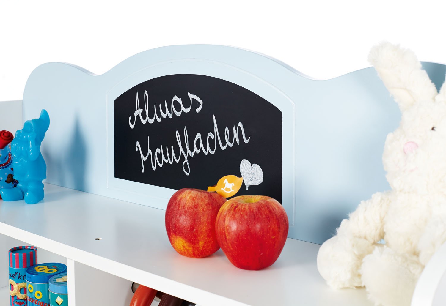 PINOLINO Kaufladen Alma, Spielküche aus Holz, mit Kinderküchenzubehör Maltafel, standfeste Kinderküche, Kinder Kaufmannsladen, Spielzeug ab 3 Jahre, Maße B 100 x T 92 x H 119 cm, weiß/hellblau