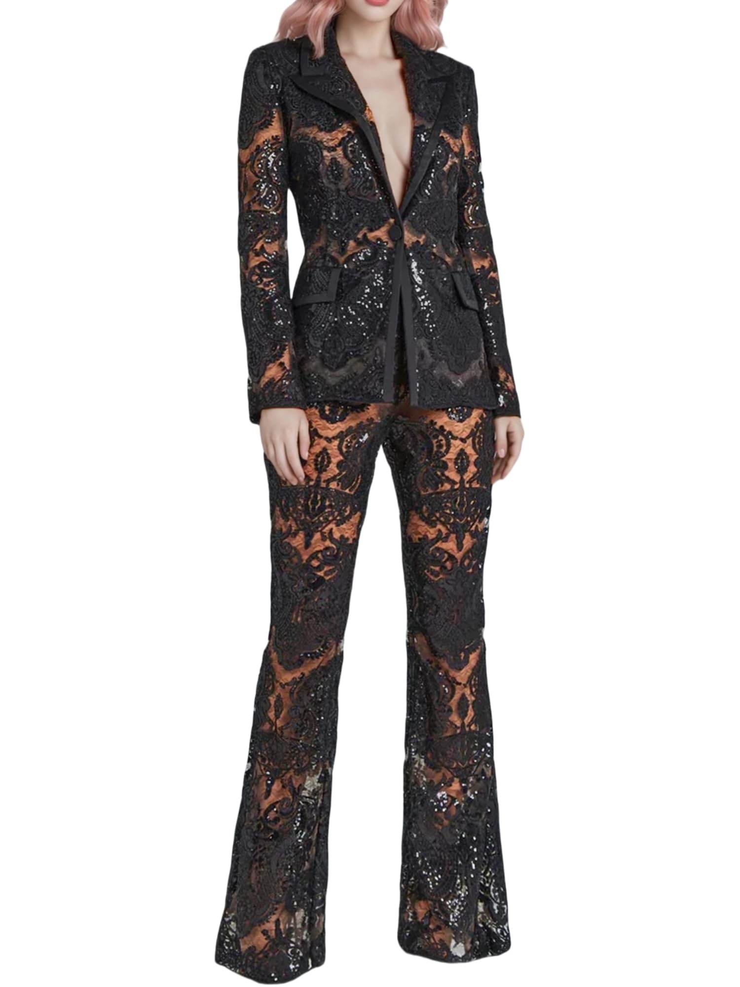 Womens 2024 2 Pieces Suit Set Single Button Guipure Lace Sequined Blazer Jacket Pants Suit Outfit