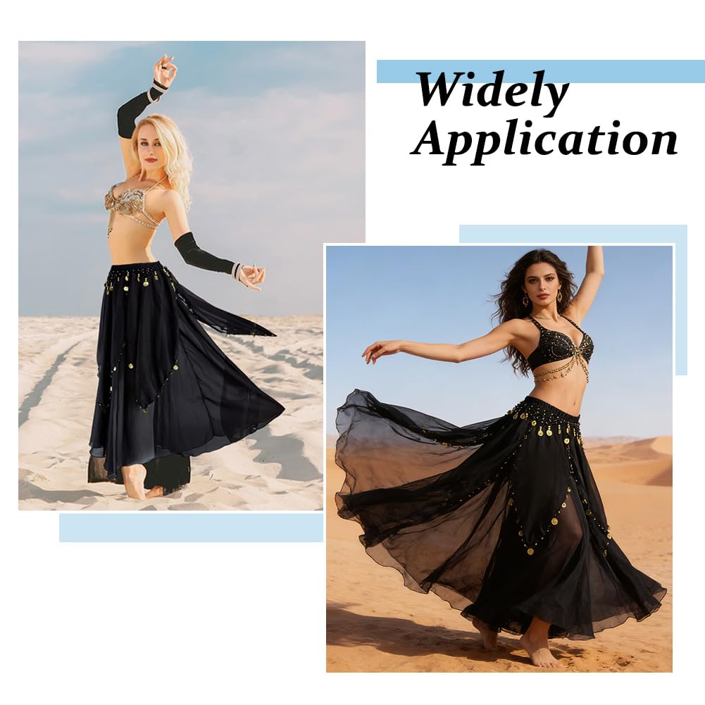 DICOSMETIC Schwarzer Bauchtanz Langer Rock Mit Goldenen Münzen 88cm Damen Bauchtanz Kostüm Indischer Tanzrock Mit Münzen Für Yoga Und Arabischen Tanz Maskenball Kostüme