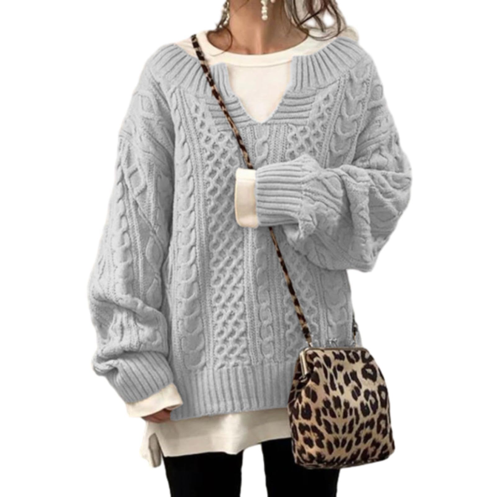 Womens Chunky V Neck Cable Knit Sweater Long Sleeve Loose Pullover Solid Color Warm Plus Size Winter Tops