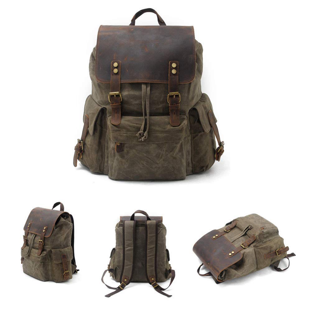 MASII wasserdichte Batik Canvas Herrentasche Mit Leder Rucksack Europa Und Amerika Retro Rucksack Outdoor Reisetasche Mit Großer Kapazität Tasche,Militarygreen