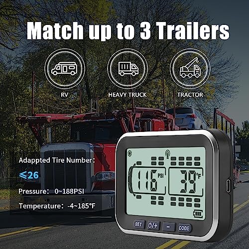 MIRAIDON TPMS monitor showing tire data and compatibility with RV, heavy truck, tractor