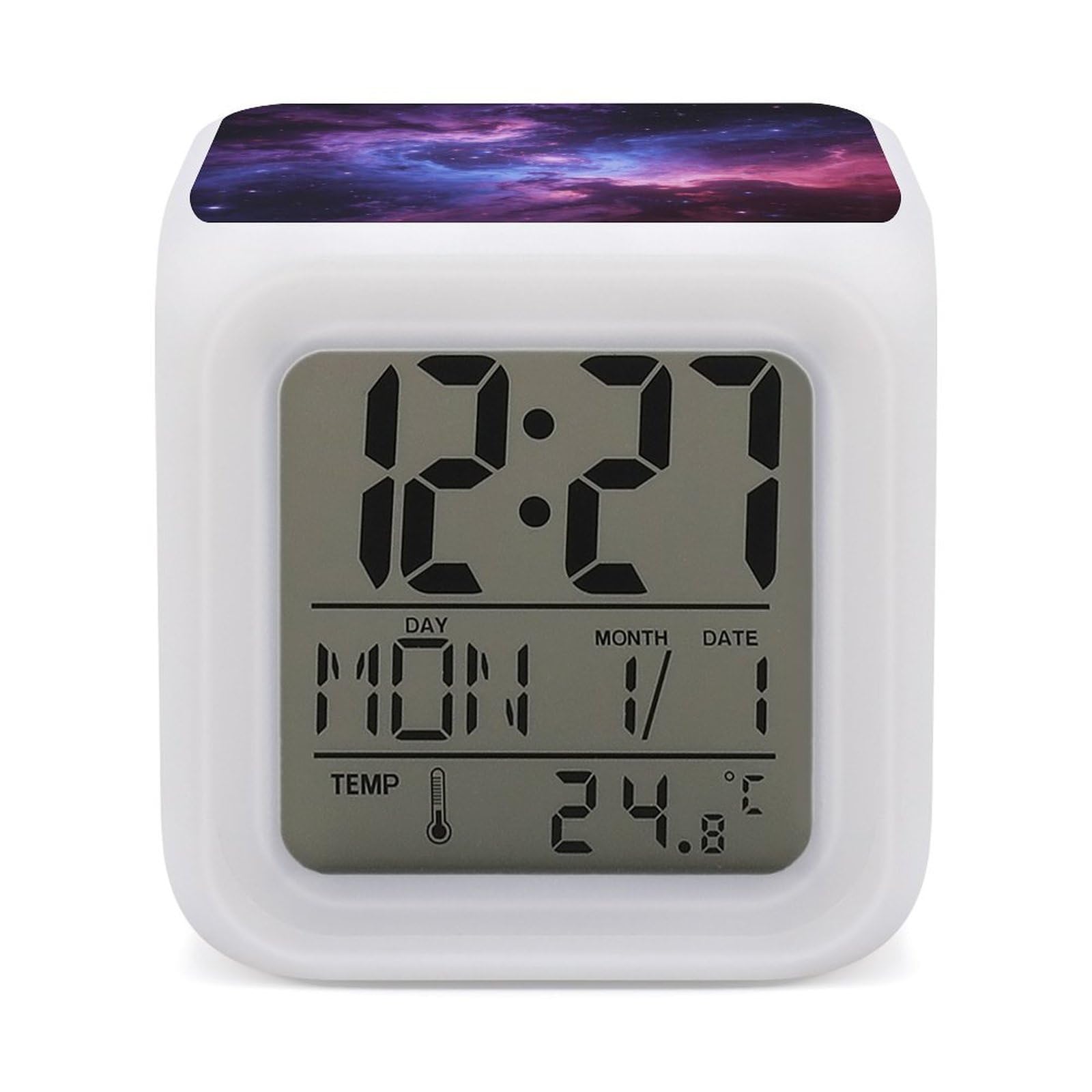 LZQPOEAS Cosmic Nebula Alarm Clock with 7 Color Changing Nightlight for Bedroom Calendar Temperature Display Wake Up Digital Clock Small Desk Clocks for Heavy Sleepers Adults