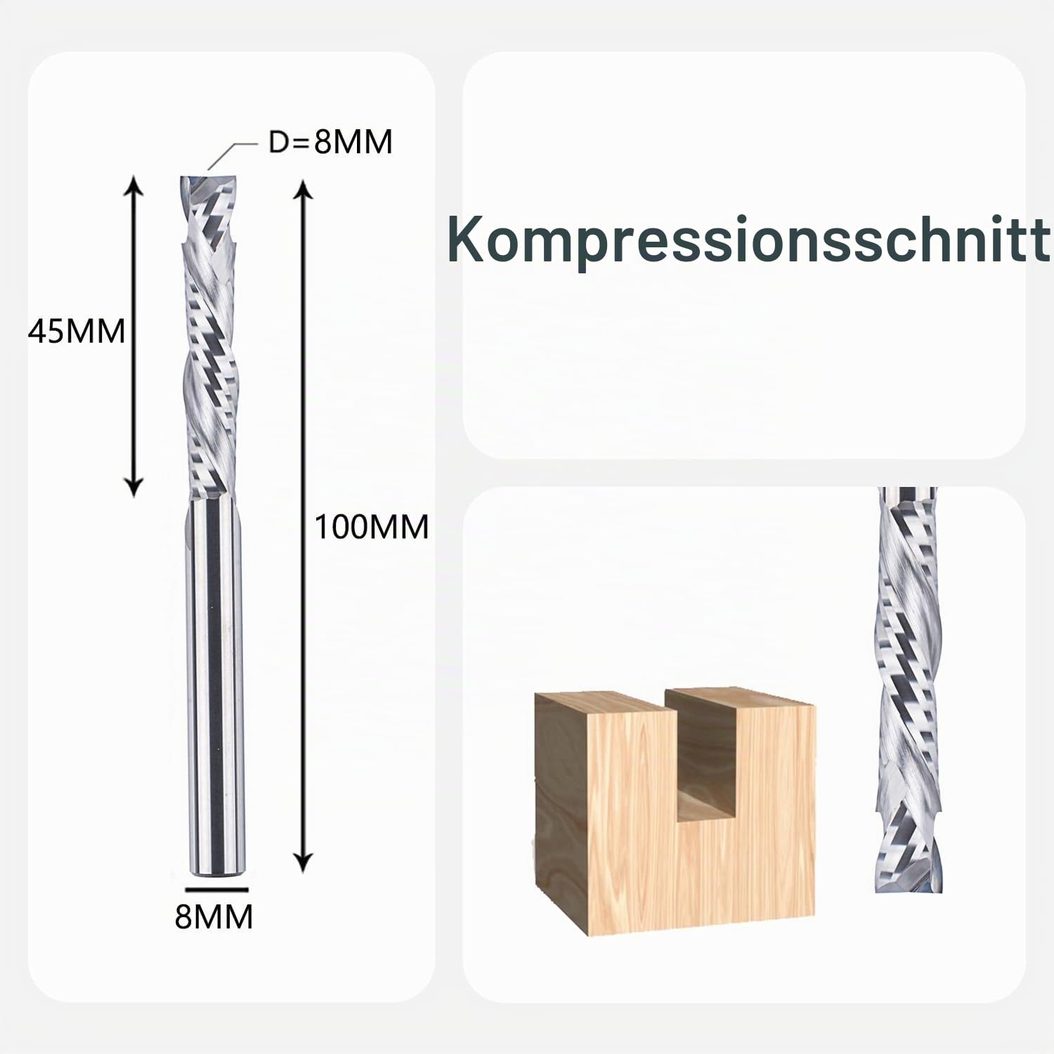 SpeTool Spiralfräser 8mm Schaft Kompression 45mm Schnittlänge Extra Lang Nutfräser Up&Down CNC Fräser VHM Schaftfräser Router Bit Fräser für Oberfräse Spiralnutfräser Holzfräser Langlochfräser Holz