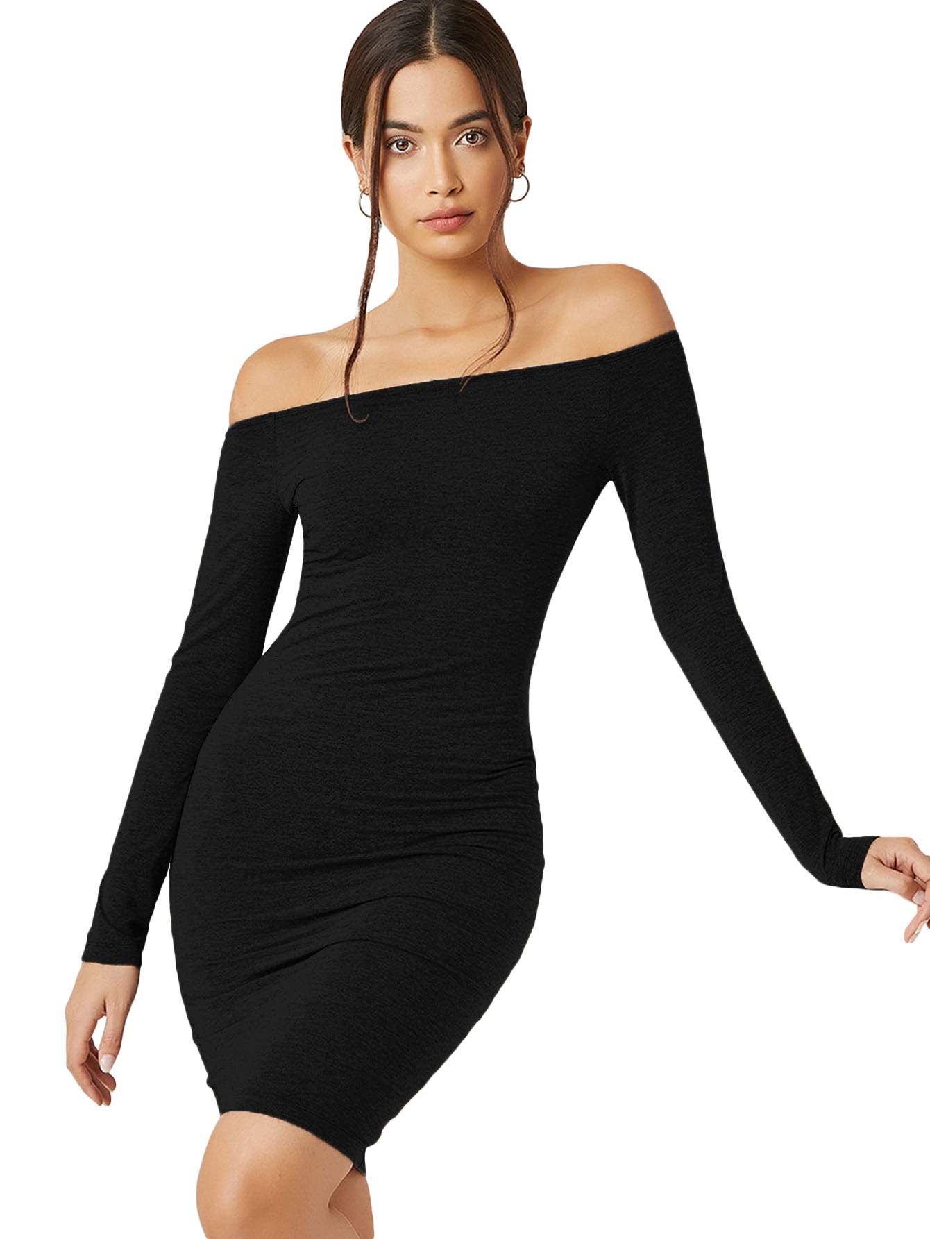 Verdusa Women's Basic Off Shoulder Long Sleeve Dress