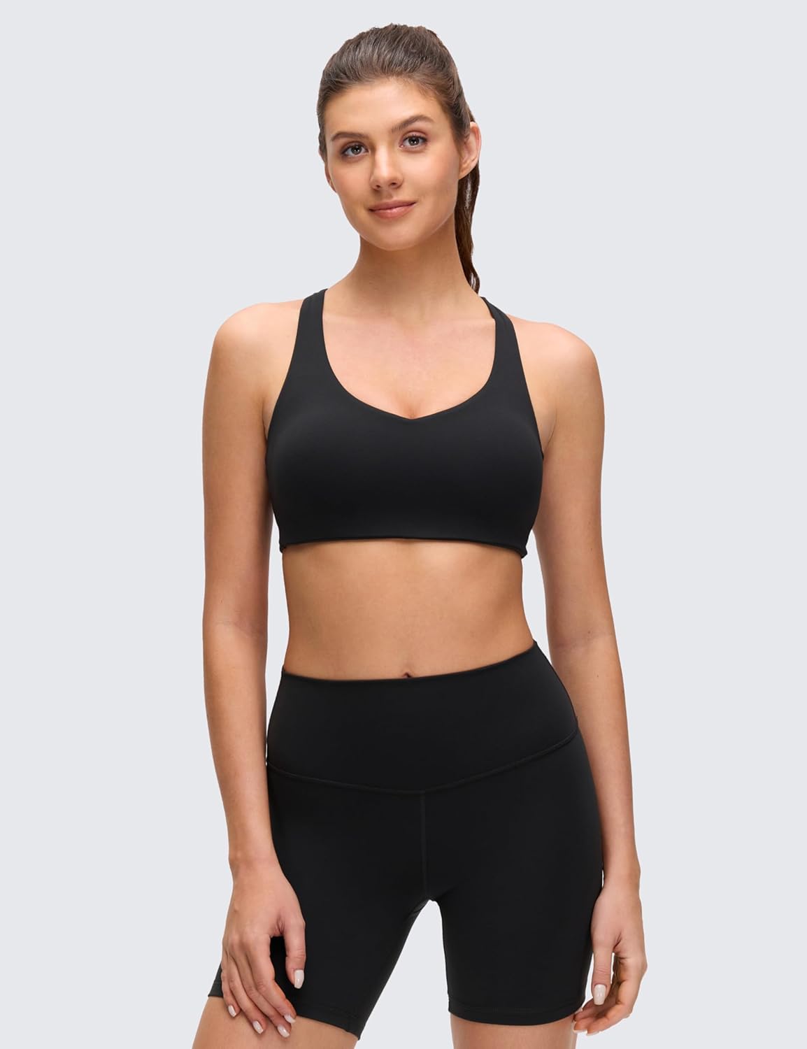 CRZ YOGA Butterluxe Multi-Strap Cross Back Sports Bras for Women - V Neck Padded Strappy Wireless Yoga Top