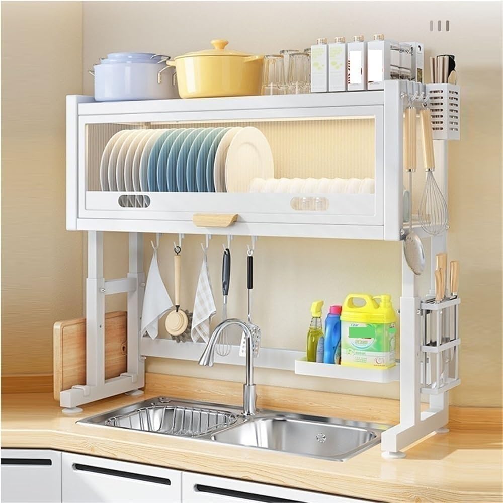 Égouttoir à vaisselle au-dessus de l'évier avec porte rabattable. Solution de rangement élégante pour les petits espaces, maximise l'espace sur le comptoir, durable et fonctionnel