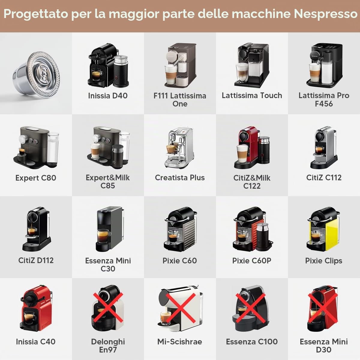 Capsule riutilizzabili Nespresso in acciaio inox, 2 cialde ricaricabili per macchine originali Nespresso + 1 manomissione + 1 cucchiaio + 1 pennello