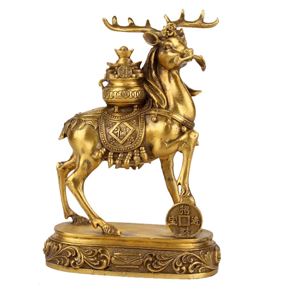YNIYUJKL Feng Shui Brass Statue Ornament Deer With Ingot/Yuan Bao Treasure Basin Figurine Sculpture, Best Housewarming Congratulatory Prosperity Gift Decor,Brass