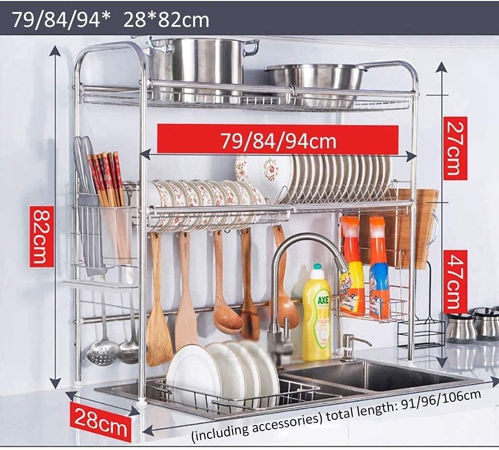 Scaffale espositivo per scolapiatti in Acciaio Inox a 2 Livelli, salvaspazio, con portautensili e Posate (Dimensioni: 84 x 28 x 82 cm) (79 x 28 x 82 cm) ()