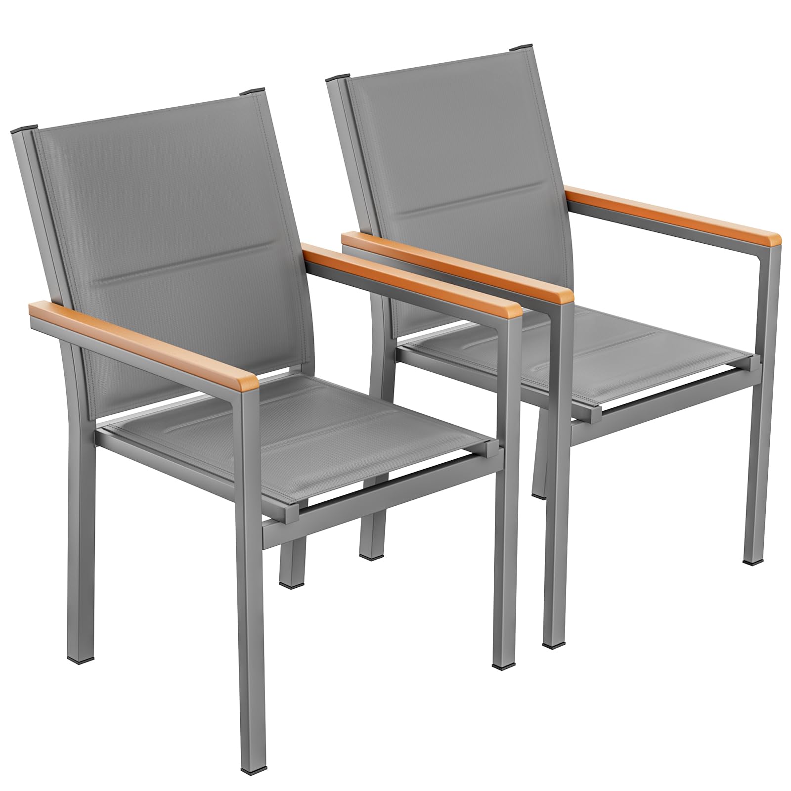 LIFERUN Juego de 2 sillas de jardín de aluminio, con respaldo acolchado y asiento, silla de comedor apilable, pasamanos de WPC, sillas de balcón, para terraza, balcón, terraza, piscina, restaurantes