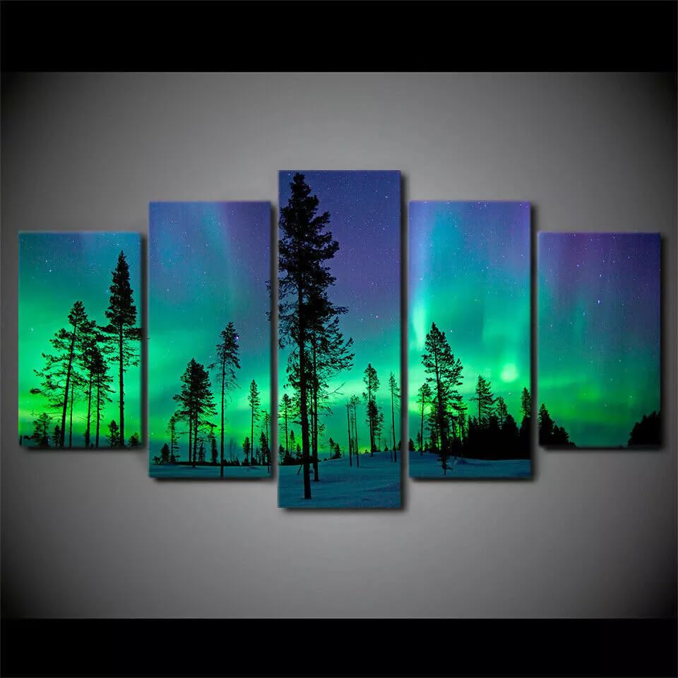 Tableau imprimé sur toile décoration murale forêt verte de l'aurore boréale triptyque 5 pièces