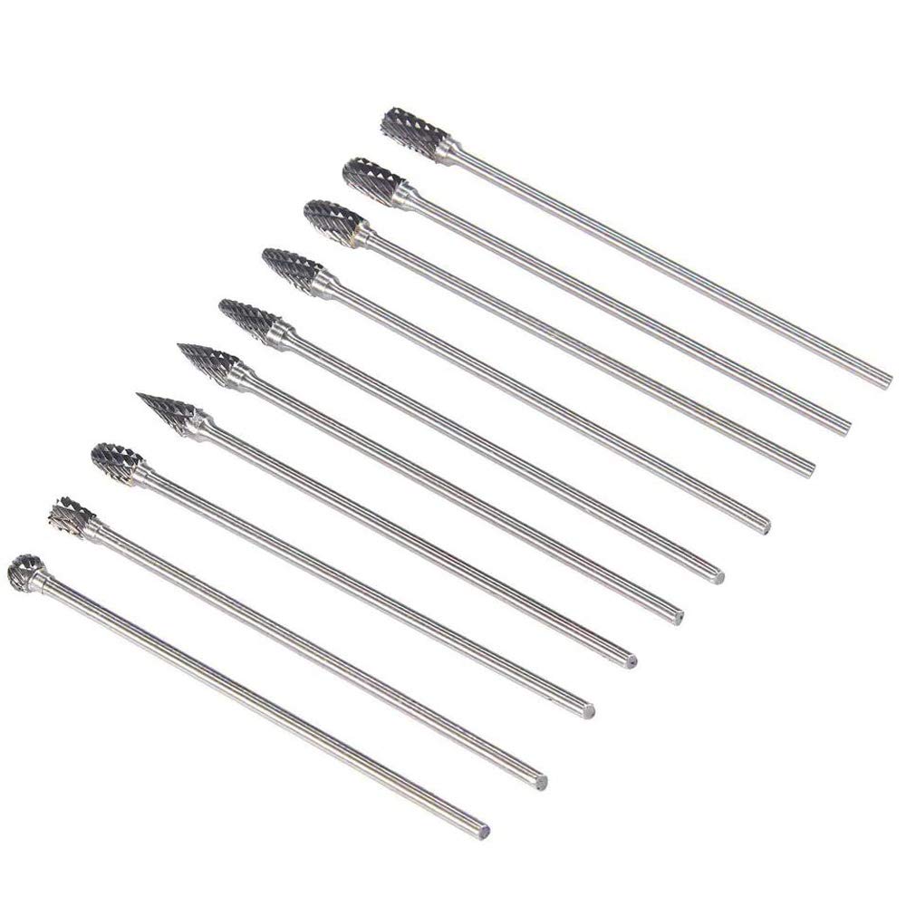 10PCS 3mm (1/8")Tige Longue Double Coupe Fraises en Carbure de Tungstène Limes Rotatives Fraises Diamantées Ensemble d'Embouts pour Outil Rotatif de Meuleuse, Longueur:100mm