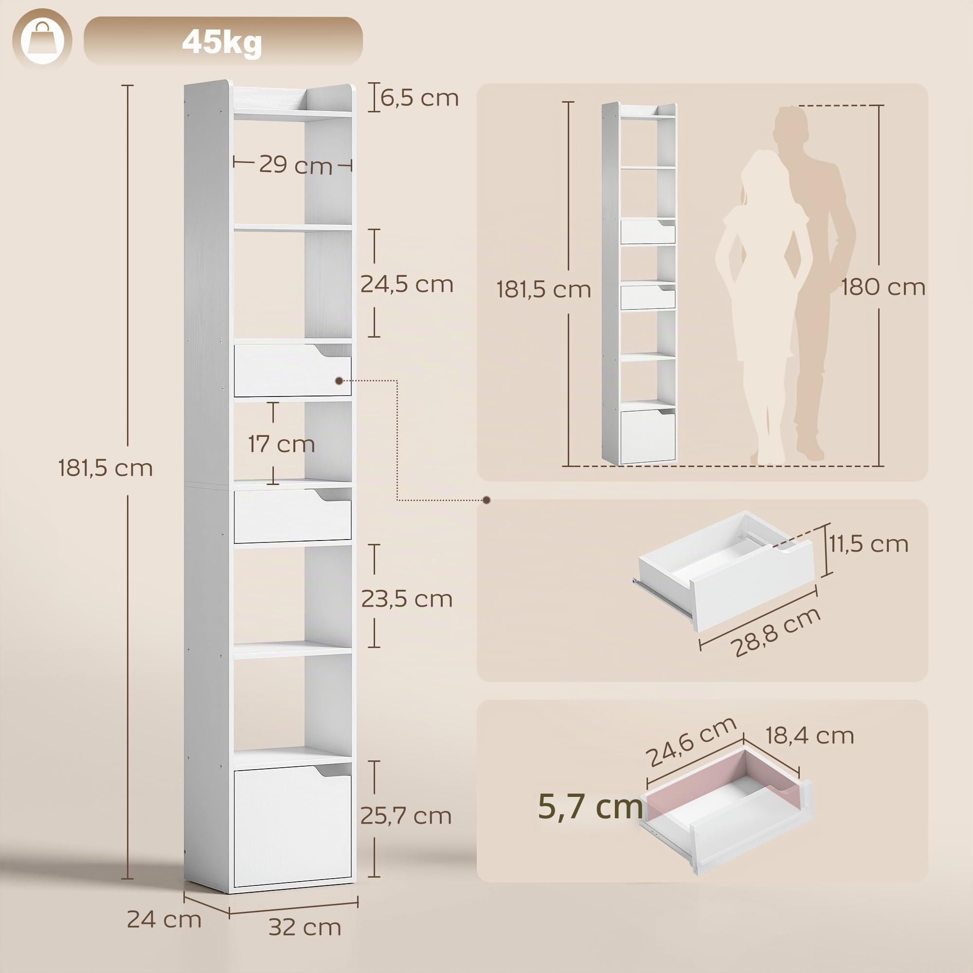 HOMCOM Estantería para Libros con 2 Cajones y Puerta 32x24x181,5 cm Blanco | Librería Estrecha, 6 Estantes Abiertos, Armario Alto, Salón, Estudio, Oficina