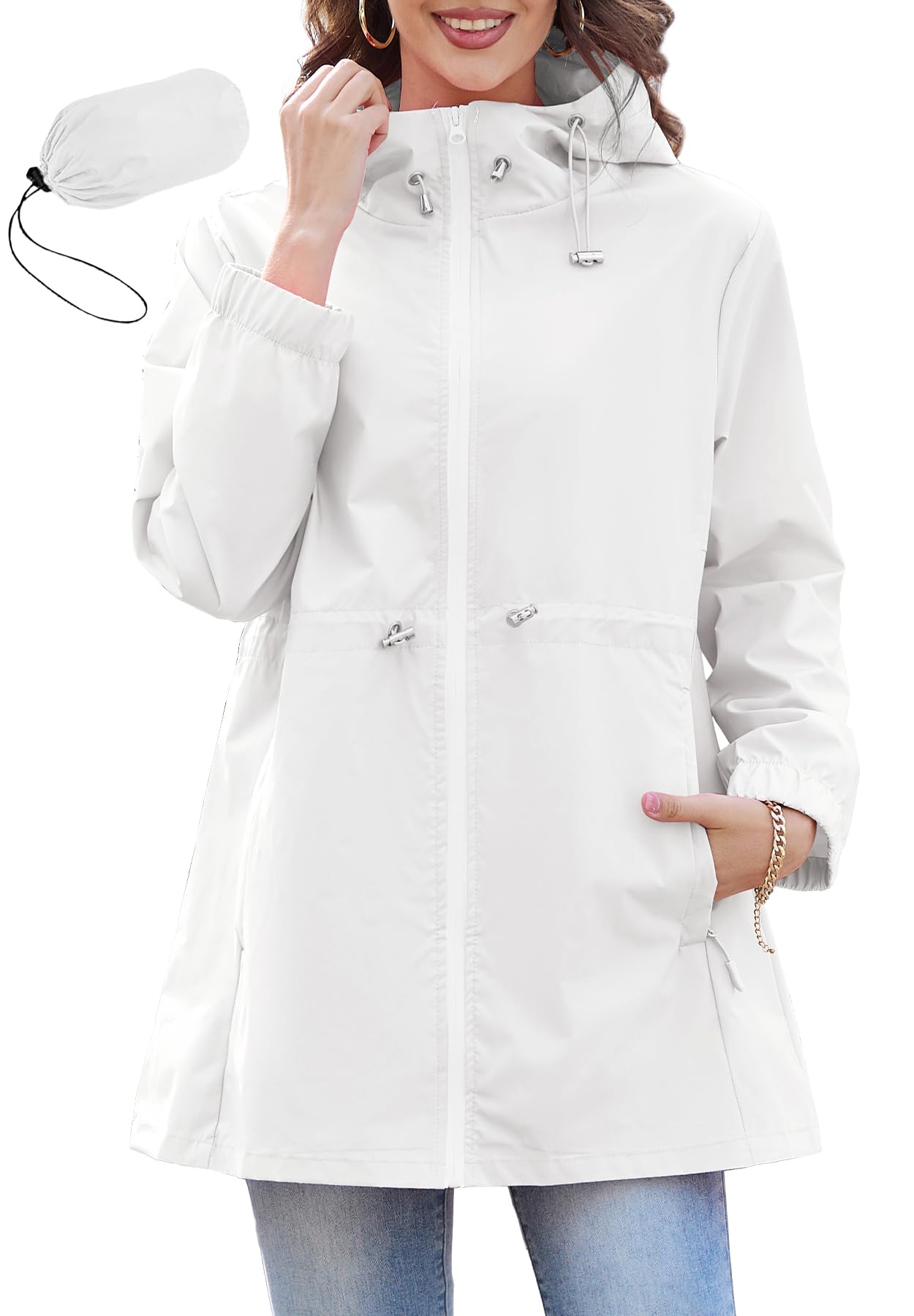 PONCEAU Damen Wasserdichte Faltbar Regenjacke mit Kapuze，Laufjacke Wasserdicht Atmungsaktiv Leichte Jacke Windbreaker Atmungsaktive Packbare zum Wandern Reisen Treking Fahrrad