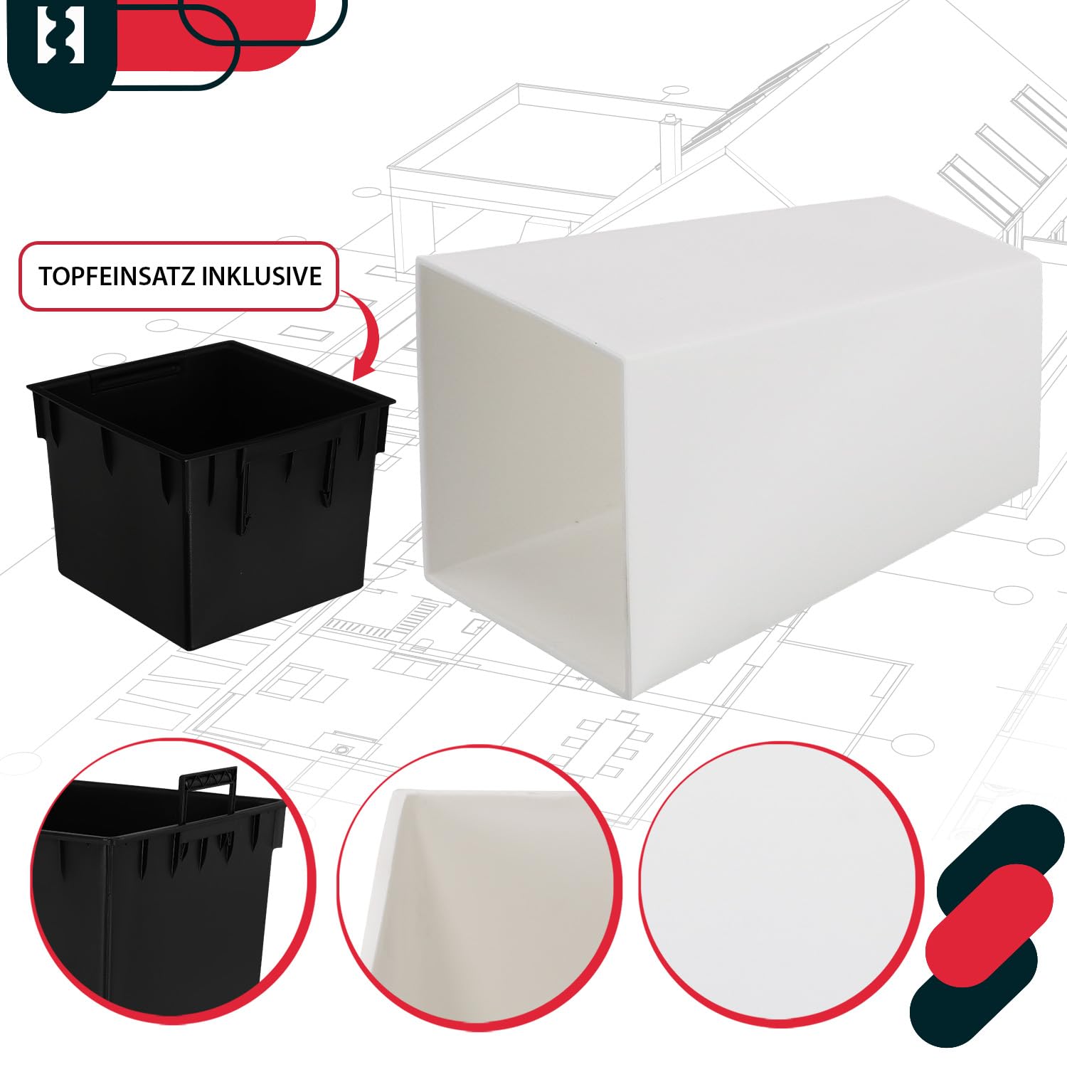 KOTARBAU® - Vaso da fiori quadrato con vaso interno, 291 x 291 x 545 mm, bianco opaco