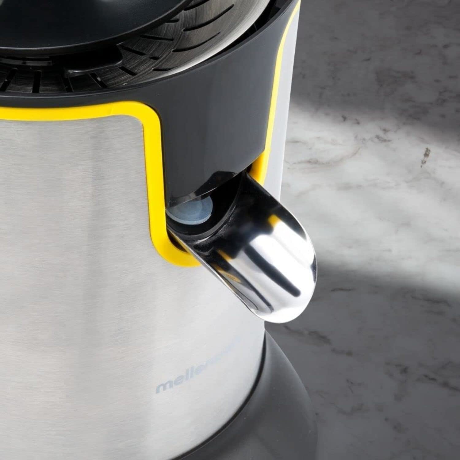 Mellerware - Exprimidor Eléctrico Profesional Juicy! 300W | Vertido Continuo | Sistema Antigoteo | 2 Filtros | 2 Conos intercambiables | Motor AC | Apto Lavavajillas | Zumos de naranjas | Amarillo