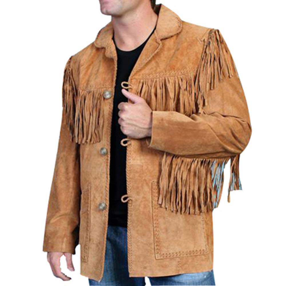 Men's Western Real Suede Leather Jacket with Fringe and Beaded with Satin Lining