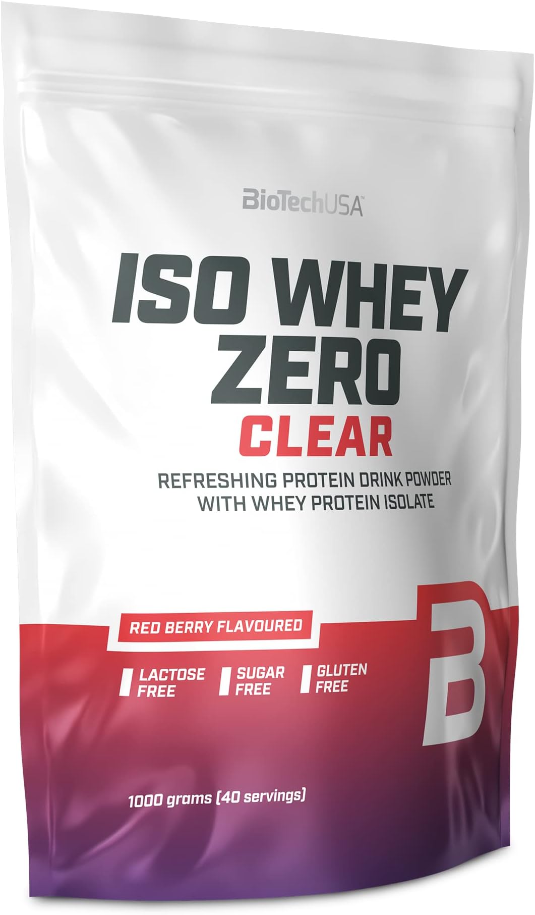 BioTechUSA Iso Whey Zero Clear Drink Powder, Refreshing, Sugar-Free, Lactose-Free, Gluten-Free, 5 Fruity Flavors, 88 kcal, 21g Protein, BCAAs, 1000 g, Red Berry