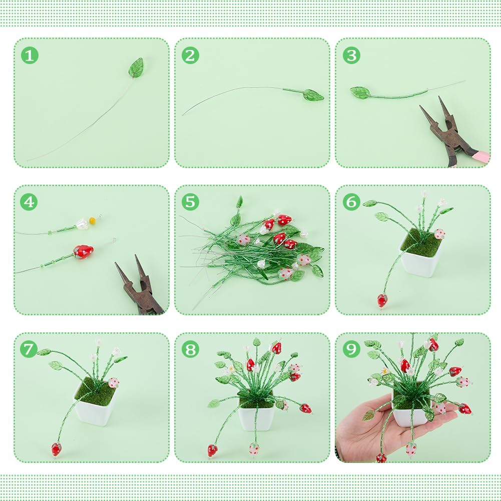782Pcs Beaded Strawberry Plant Kit Forever Plants Flower Leaf Beads with Moss Plastic Planters Pot Wire Glass Bugle Seed Beads for Succulent Jewelry Making Bracelet Necklace Earrings Crafts