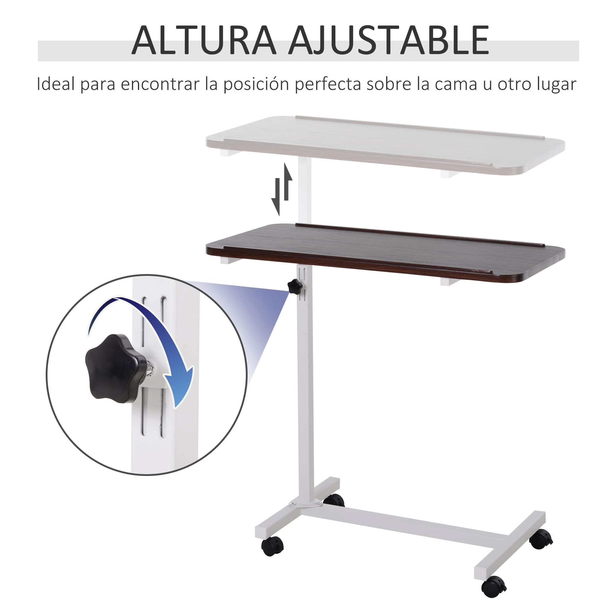 HOMCOM Mesa Auxiliar con Ruedas, Mesa para Sofá y Cama, Altura Ajustable y Marco de Acero, para Dormitorio, Salón, Oficina, 77x40x76-100 cm, Nogal Oscuro y Blanco
