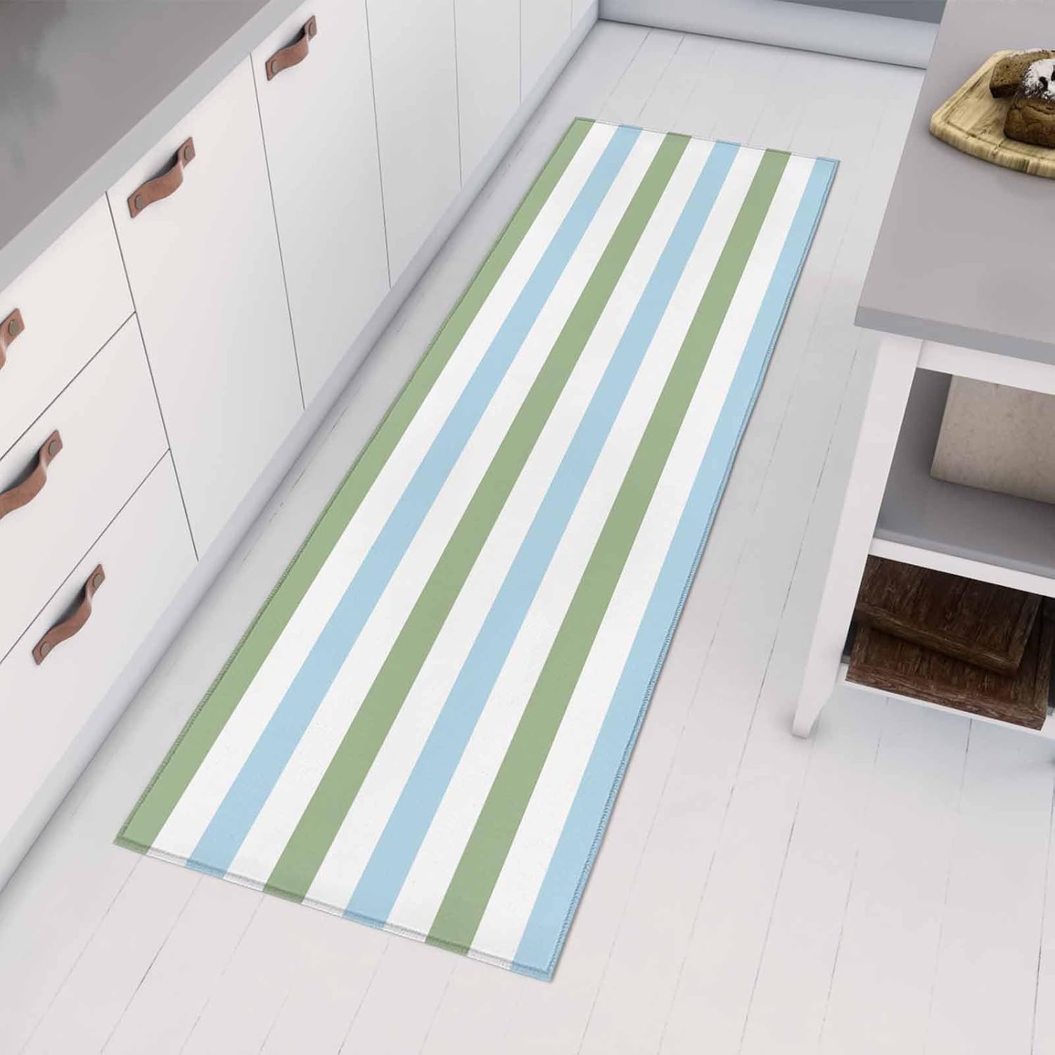 Kitchen Mats for Floor Geometric Sage Green and Blue Stripes Washable Non Slip Kitchen Rugs 1PCS, Minimalist Lines on White Absorbent Standing Mats for Sink Bathroom Office Living Room 23.6x70.9in