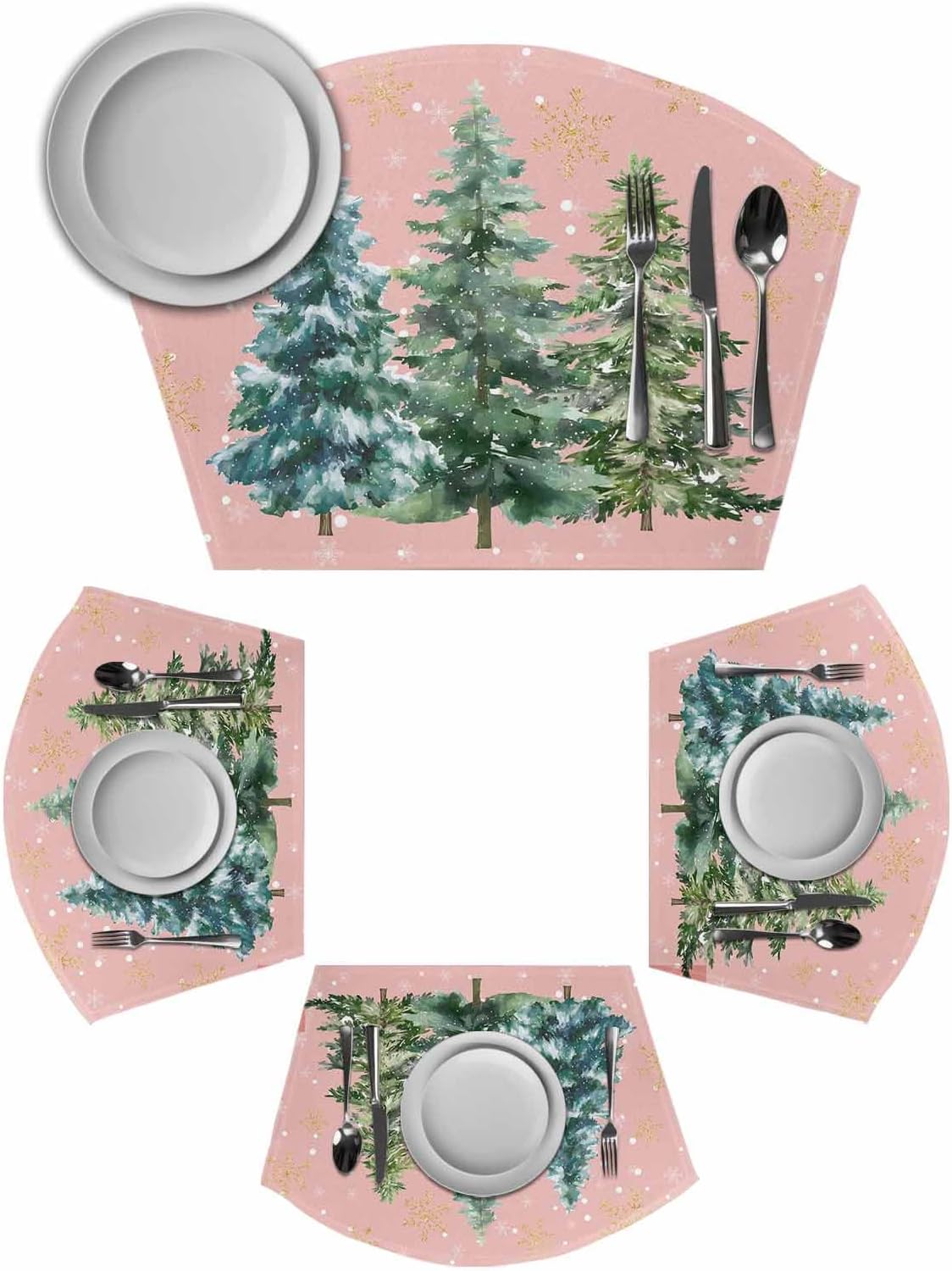 Round Table Placemats Set of 6, Green Christmas Tree Wedge Shaped Place Mat for Dining, Xmas Tree Snowflake Winter Pink Heat Insulation Non-Slip Table Mats for Kitchen Decor
