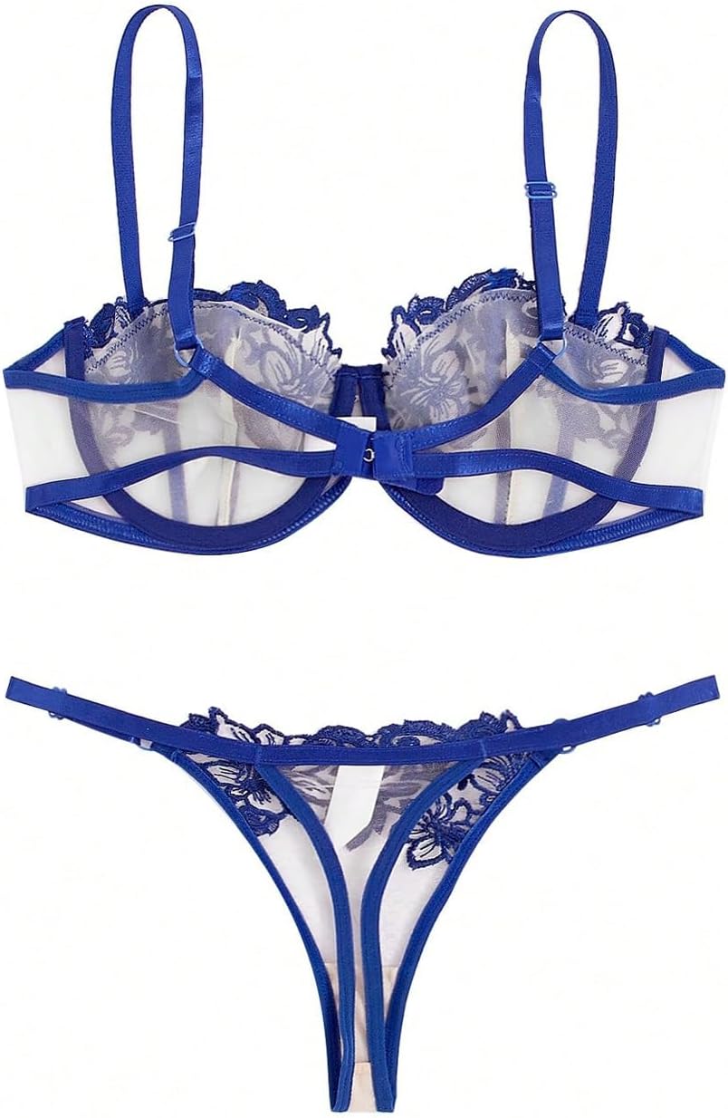 SOLY HUX Women's Lingerie Set Floral Embroidery Mesh Sheer Bra and Panty Underwear Sets - Image 2